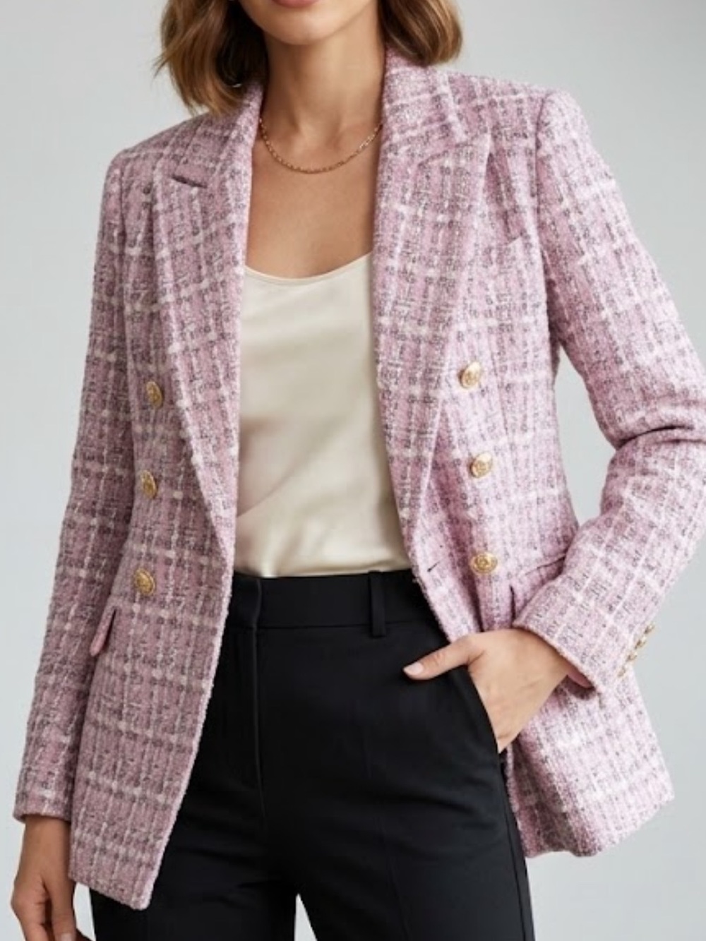 Olivaceous Pink Tweed Double-Breasted Blazer Jacket with metallic lurex thread